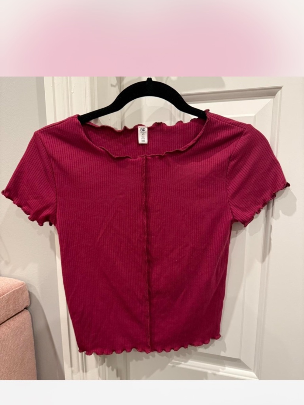 bp Ribbed Lettuce-Edge Short Sleeve Top - Raspberry